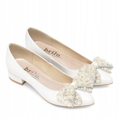 Brilu Polskie Ślubne Balerinki Z Ozdobną Kokardą Shelbi Białe 39