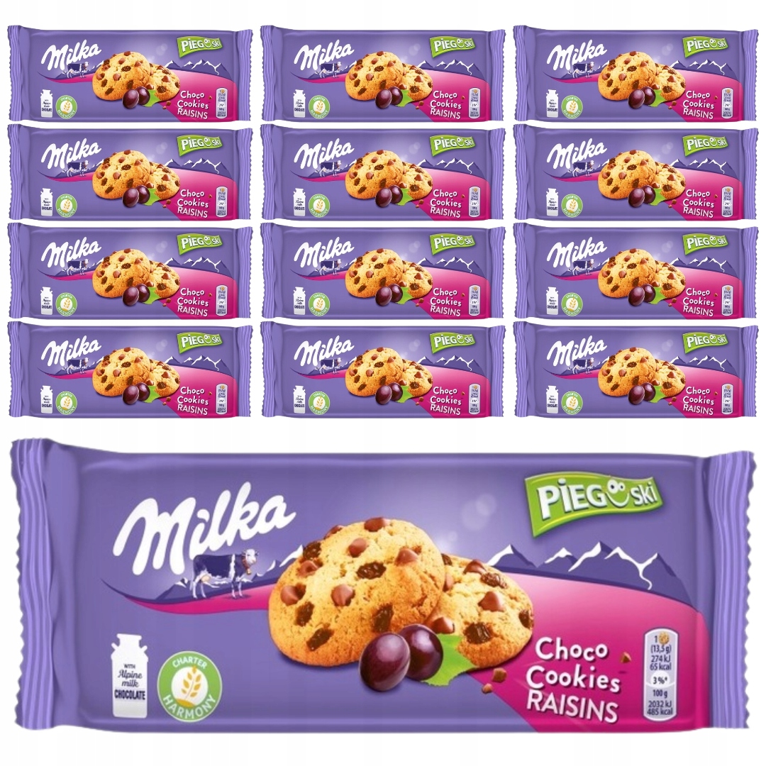 Levně Milka Pieguské sušenky s kousky čokolády a rozinkami 135 g x 12 Ks