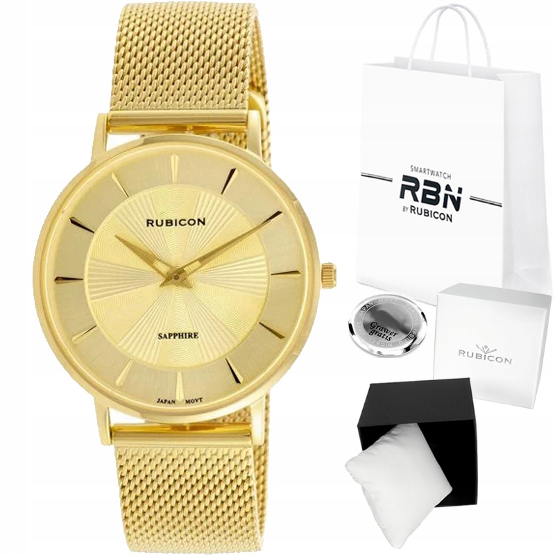 Dámské hodinky Rubicon elegantní zlaté Safír mesh síťovina Gravírování