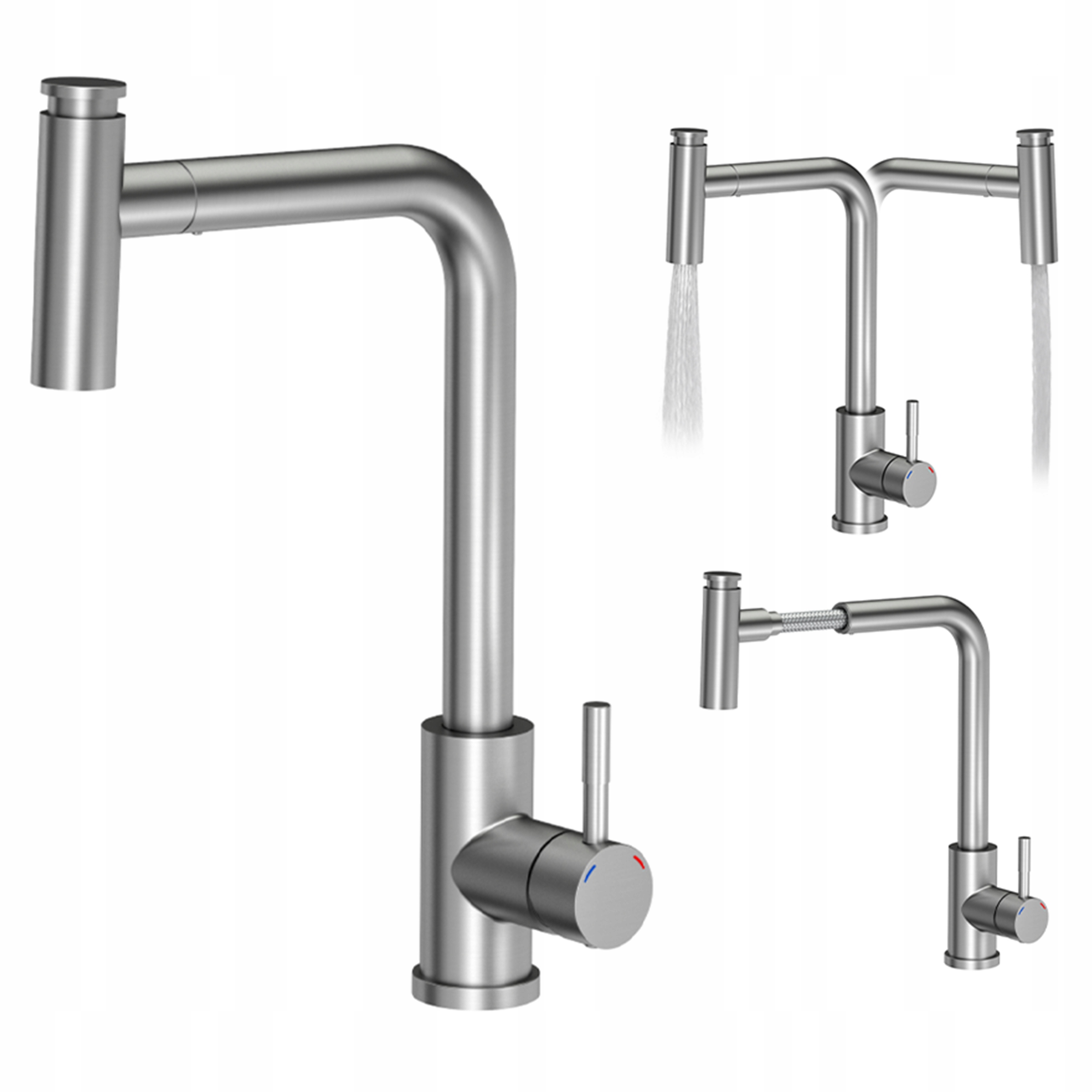 Kuchyňská baterie výsuvná otočným výtokem, 2 režimy proudu ocel