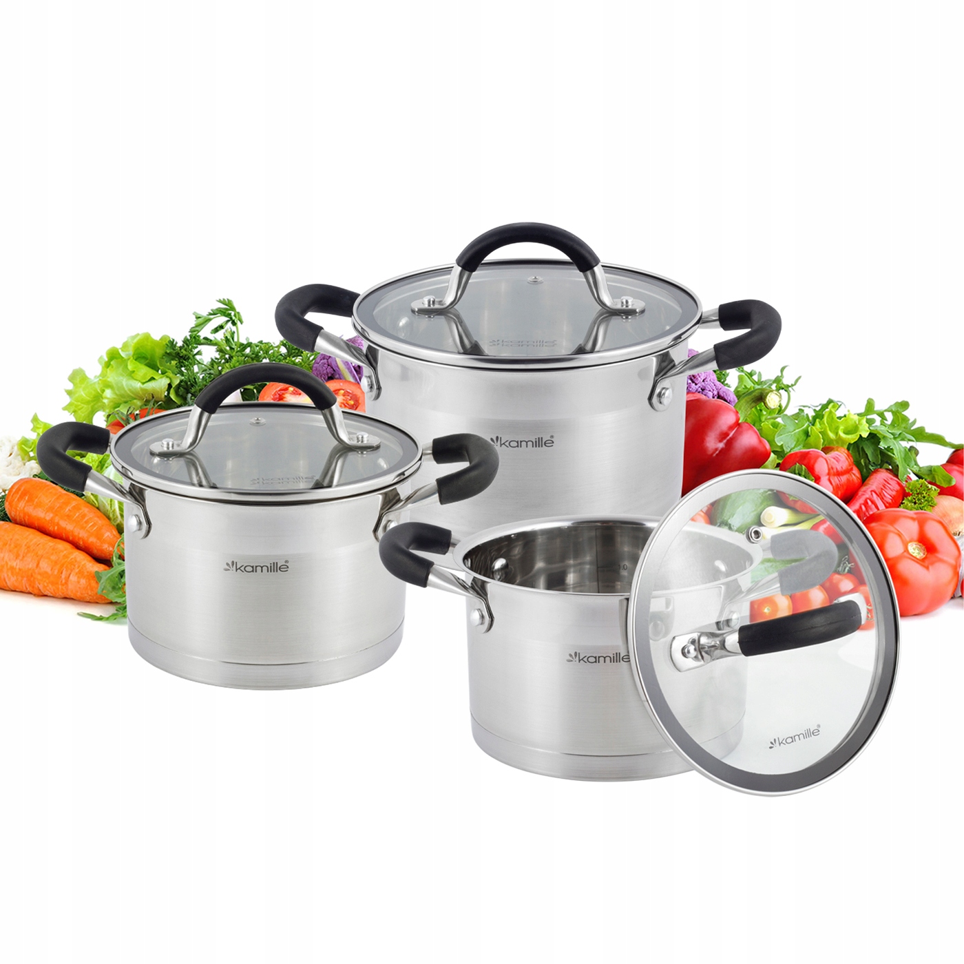Ocelové Hrnce Na Indukci sada 3 Hrnců s poklicemi Kamille