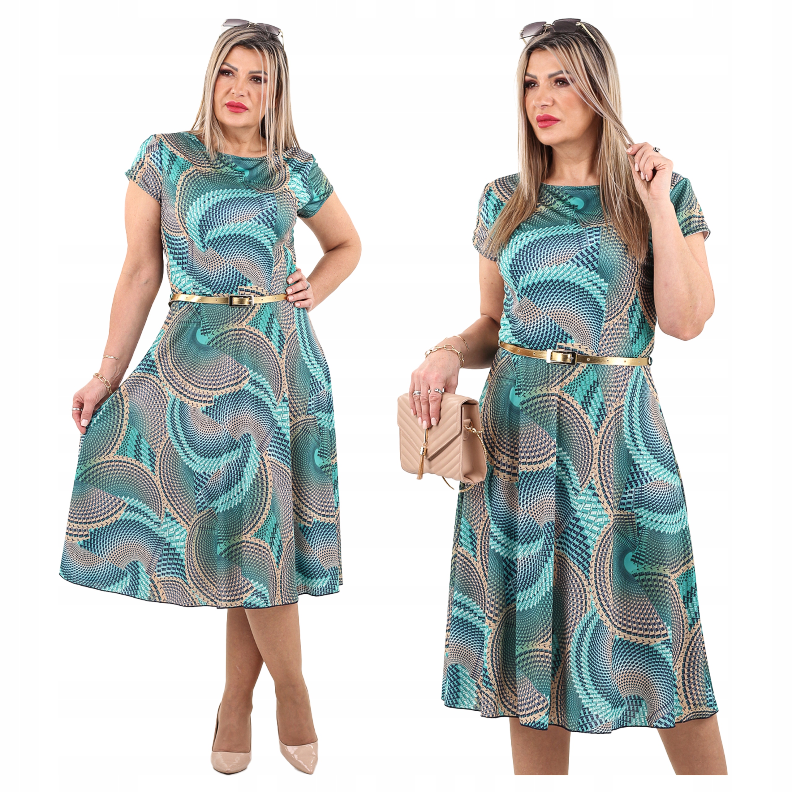 Sukienka rozkloszowana midi wizytowa Polski Producent duże rozmiary pasek