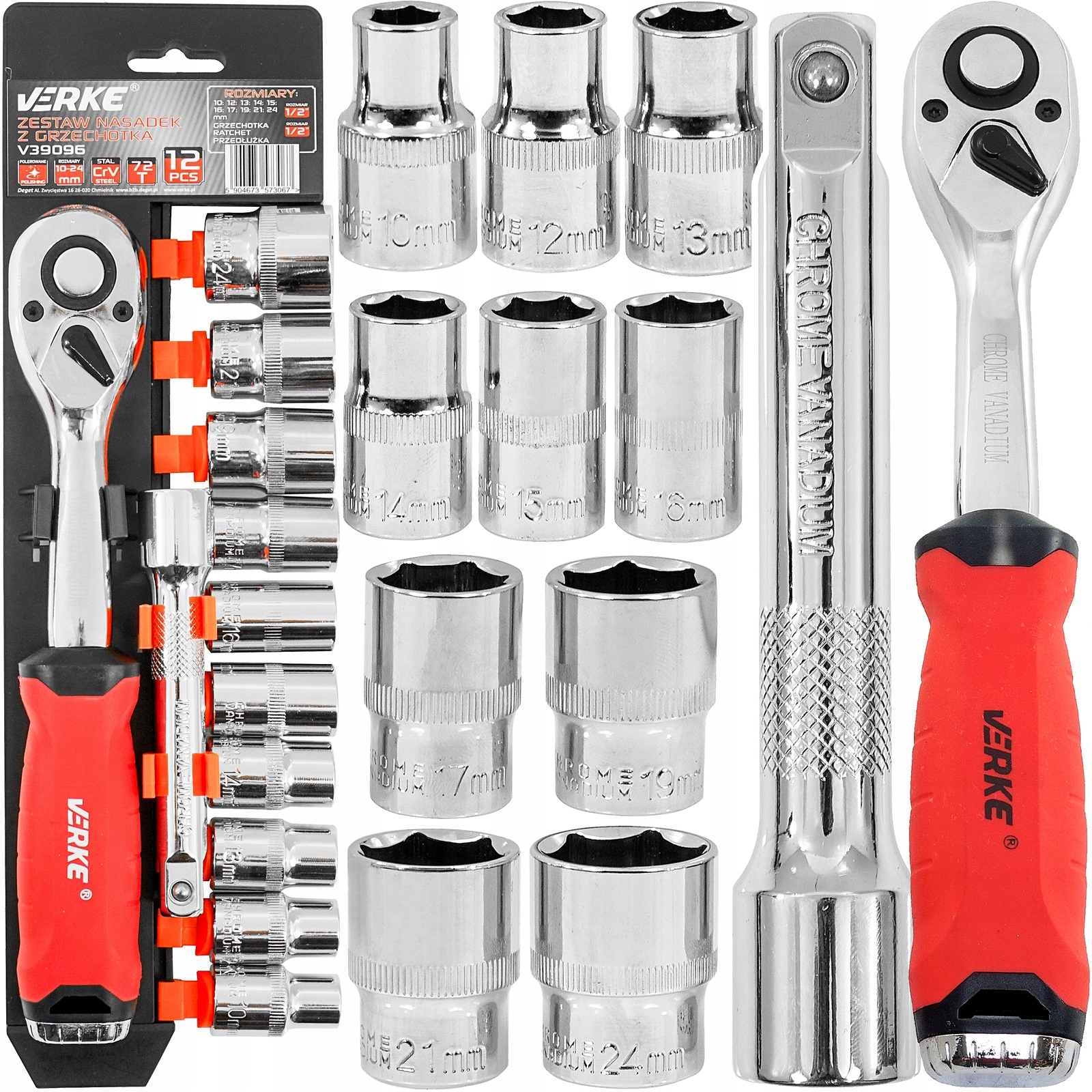 VERKE V39096 ZESTAW KLUCZY NASADOWYCH Z GRZECHOTKĄ PRZEDŁUŻKA 1/2" 12EL 72T