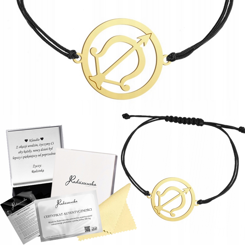 Zlatý Náramek Se Znamením Zvěrokruhu Střelec, Šňůrka Stříbro 925 Přání