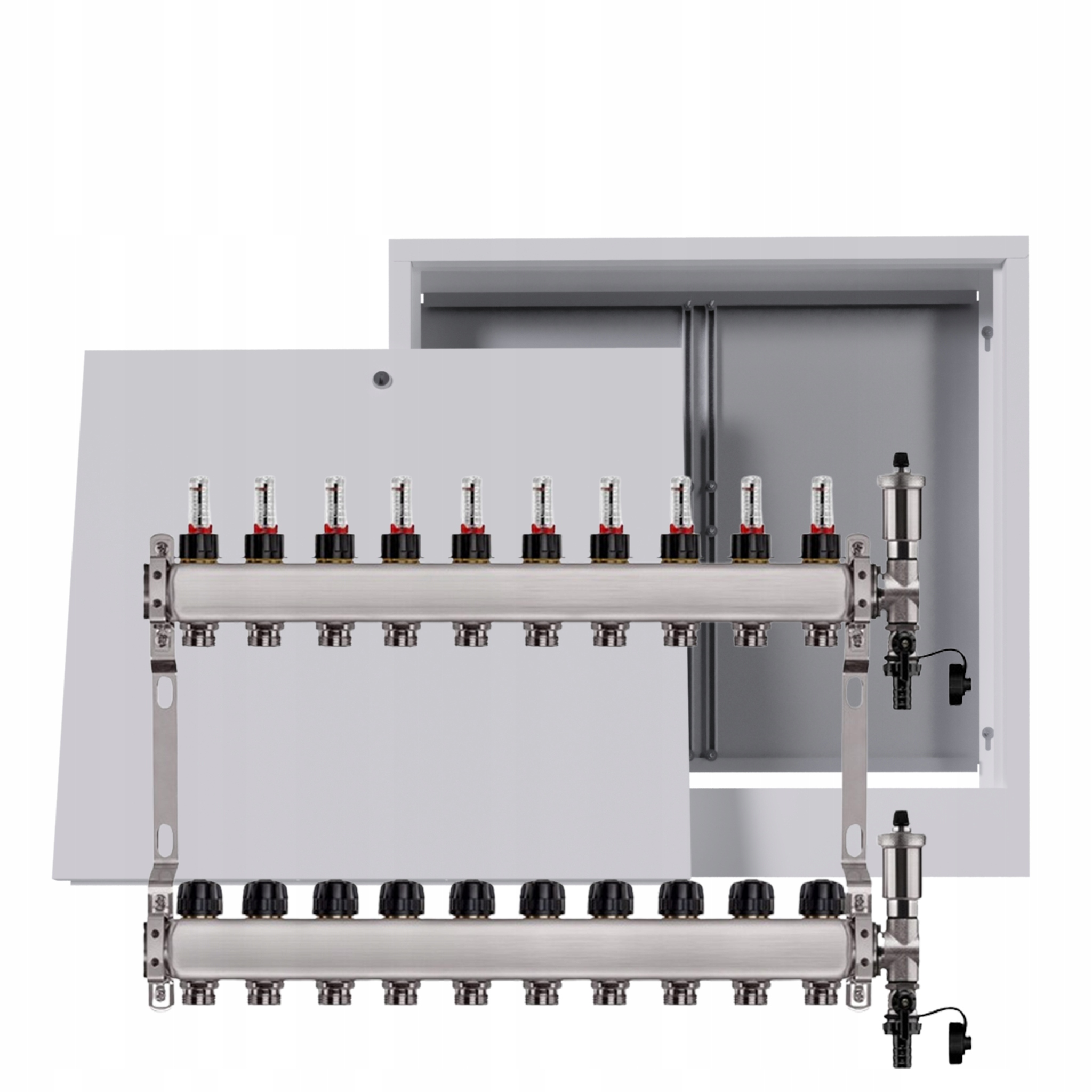 Nerezový rozdělovač pro podlahové krytiny 10 okruhů s nástěnnou schránkou