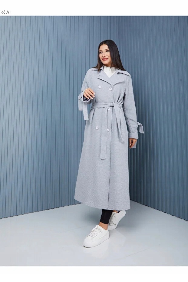 Dlouhý Melírovaný Kabát S Páskem V Elegantním Stylu 38 5IA