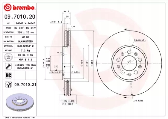 BREMBO TARCZE HAMULCOWE PRZÓD 09.7010.21 Producent części Brembo