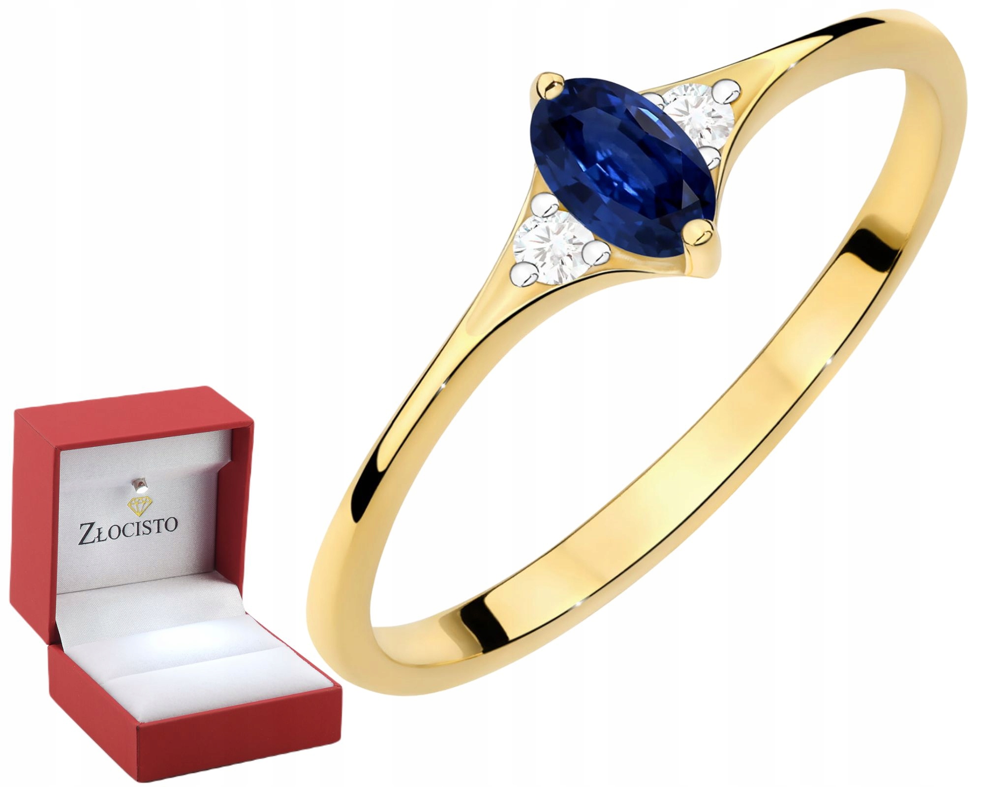 Zlatý Prstýnek Se Safírem A Brilianty, Žluté Zlato Gravírování Bonus 585