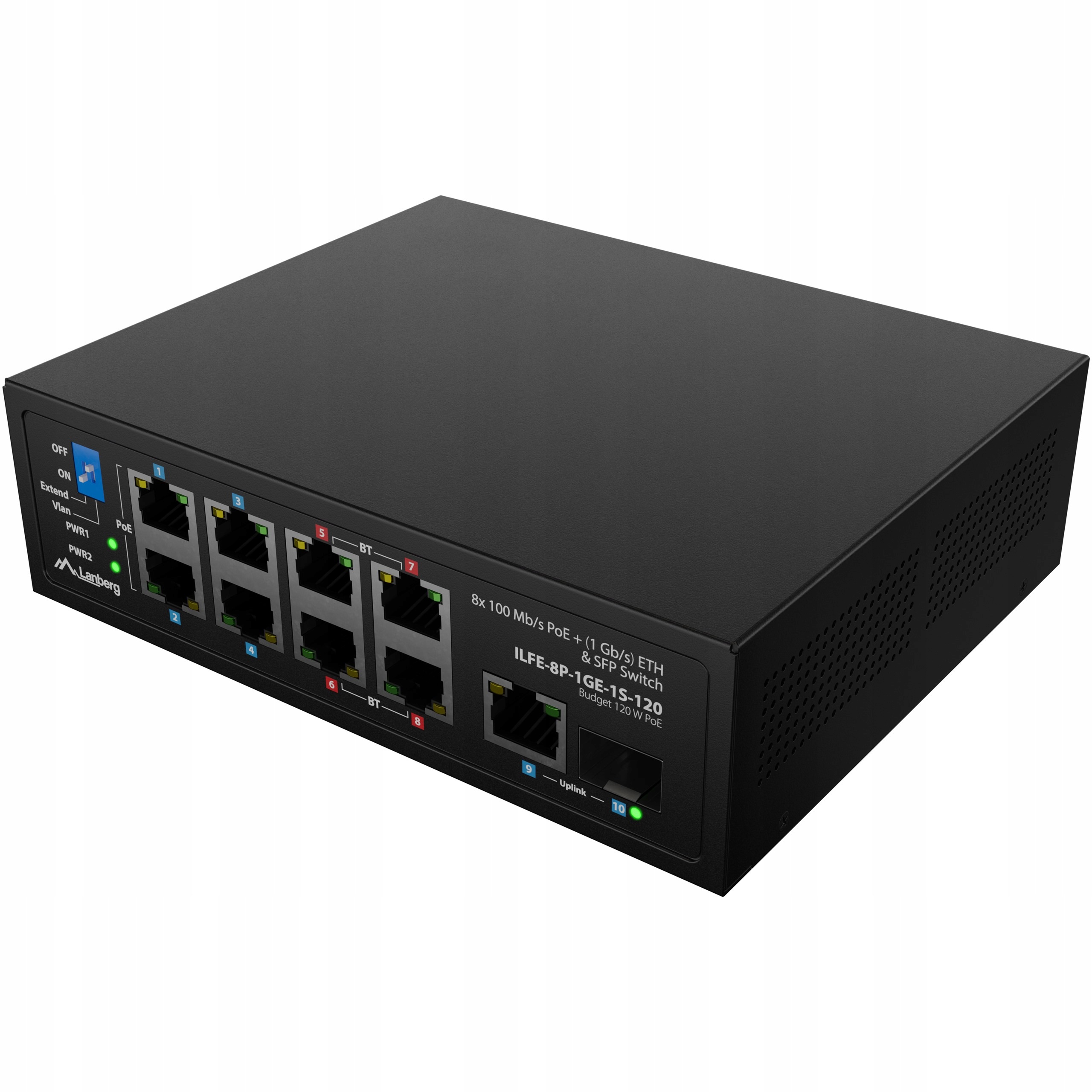 Switch PoE++ 8 portů 100 Mb/s Sfp Din lišta rozpočet 120 W