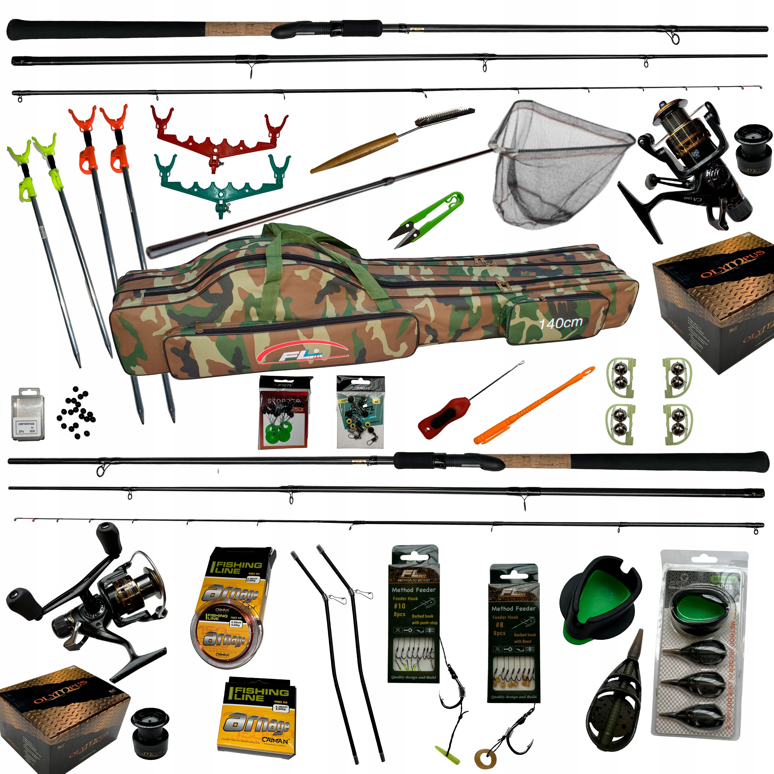 2x Wędka 2x Kołowrotek Rozbudowany Zestaw do Method Feeder Pełne Akcesoria