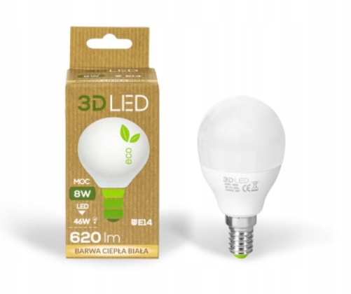 

Żarówka Led kulka 8W=46W E14 barwa 3000K ciepła