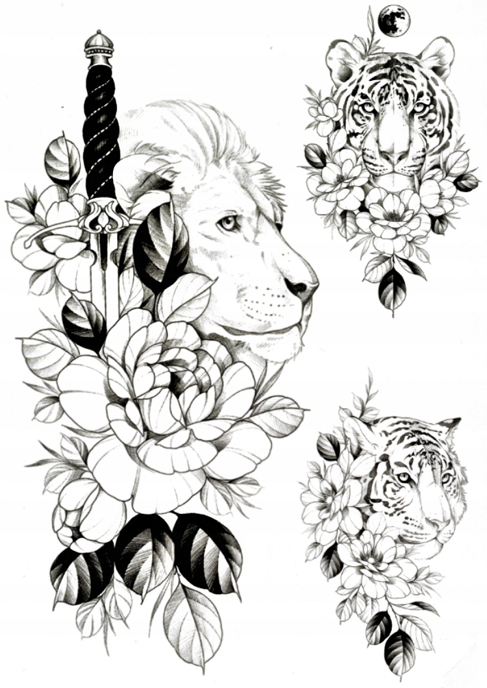

Tatuaż tymczasowy zmywalny tygrys lew kwiaty
