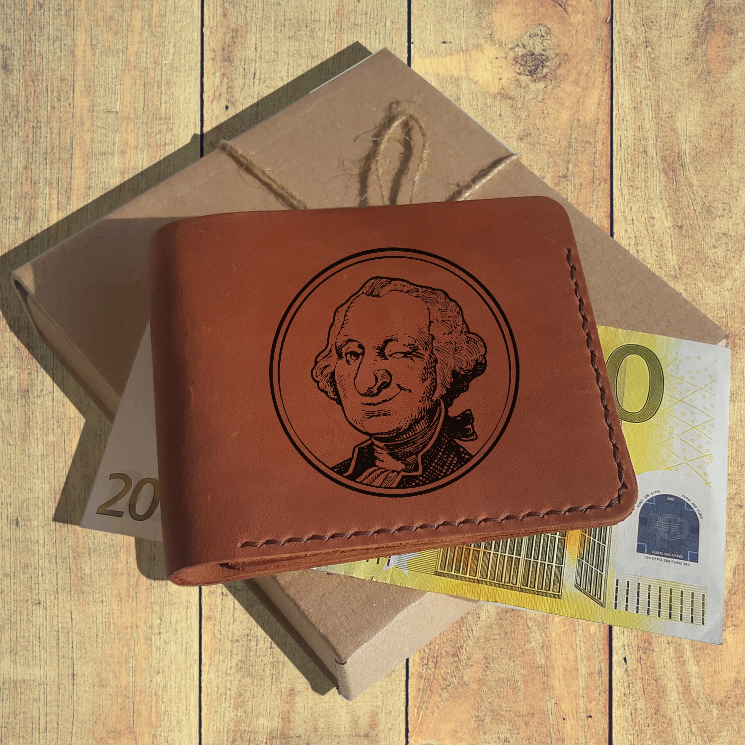 Hnědá kožená peněženka s gravírováním Washington