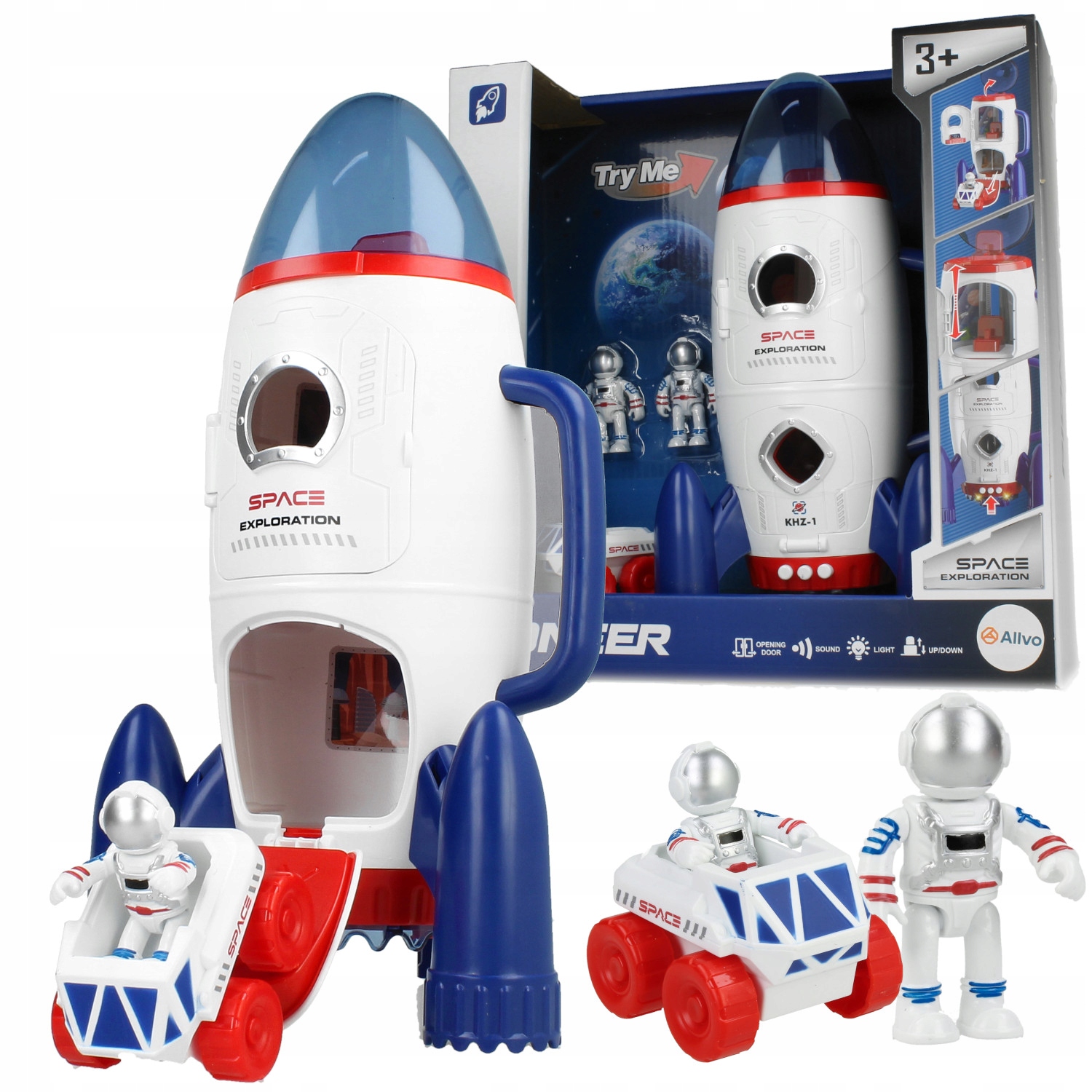 RAKIETA KOSMICZNA 29CM OTWIERANA 2X ASTRONAUTA FIGURKA ŁAZIK DŹWIĘK LED 3+