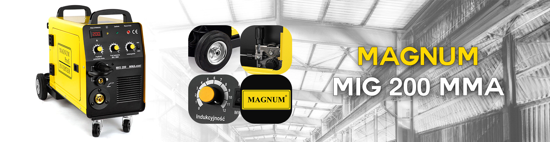 Spawarka MIGOMAT Magnum MIG 200 MMA KN inwerter podwozie 200A 230V Moc pobierana 7.7 kVA