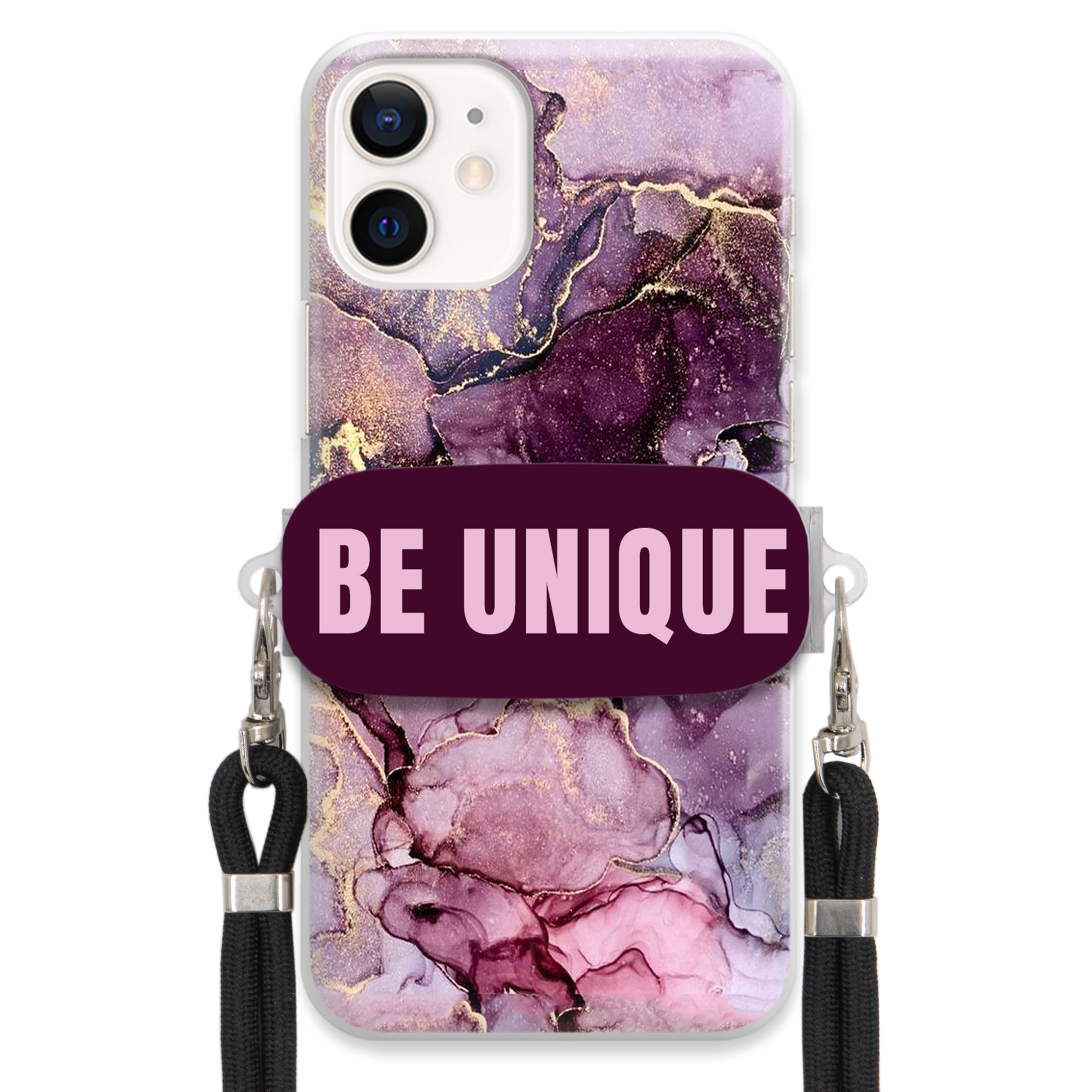 Puzdro pre iPHONE 12 Mini držiak na šnúrku Čierna Fialová Mramor Be Unique