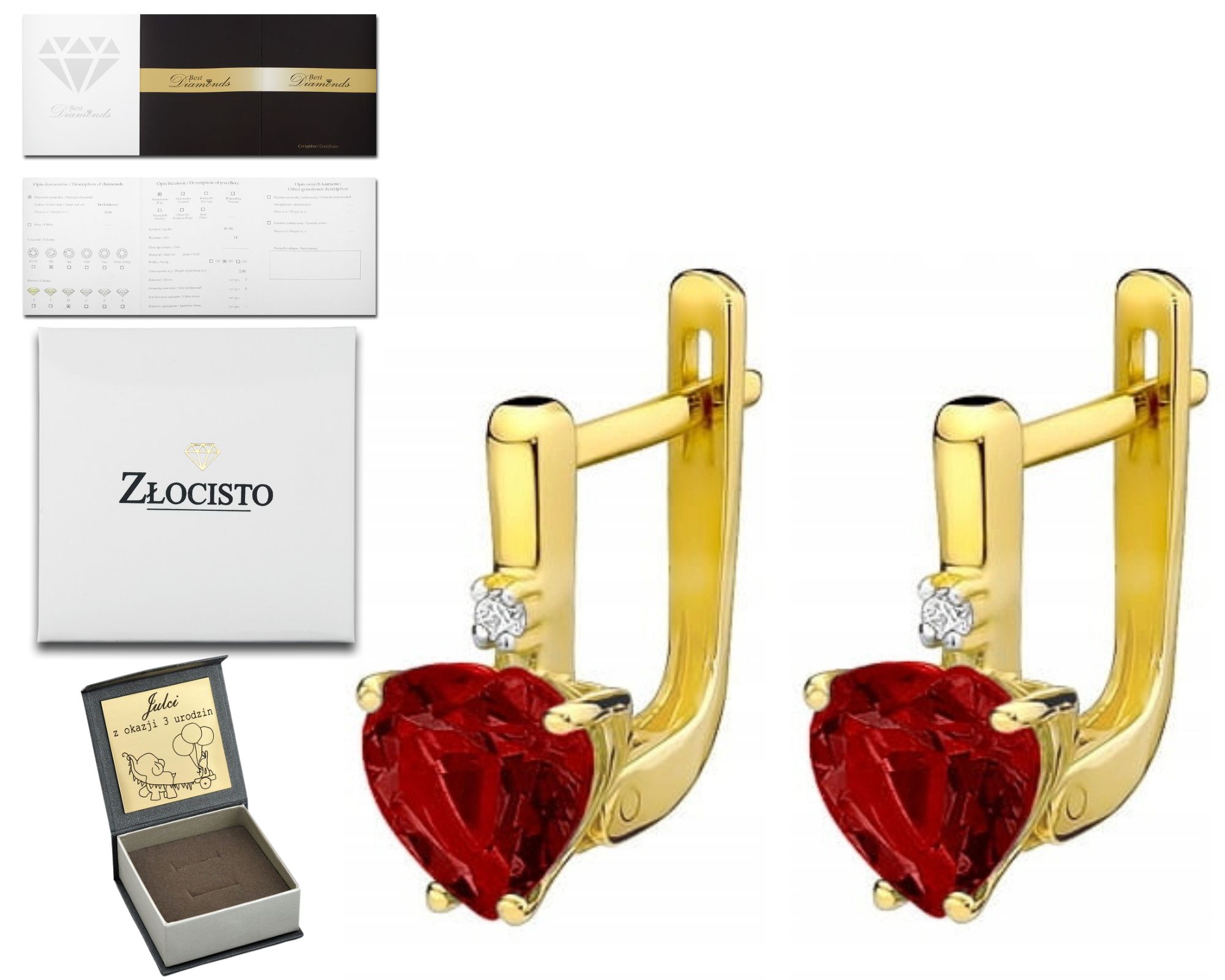 Zlaté Náušnice S Rubínem A Diamanty 585 Gravírování