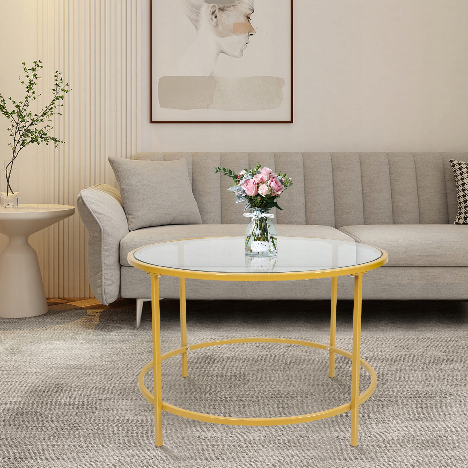 Stolik na sofę okrągły Stolik kawowy szklany do salonu Złoty 70x70x45,5cm Wysokość mebla 45.5 cm