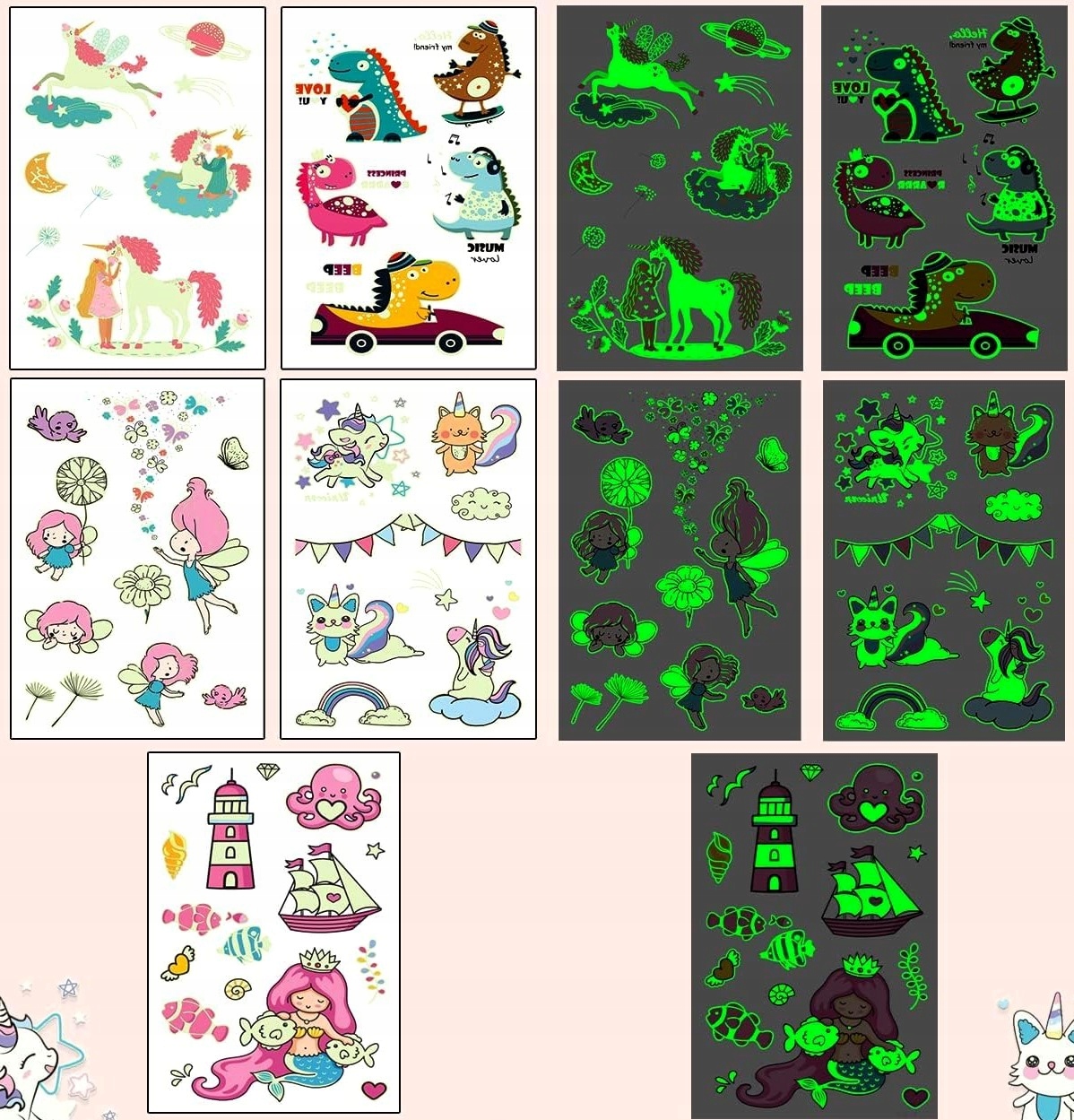 TATUAŻE ŚWIECĄCE W CIEMNOŚCI DLA DZIECI RÓŻNE WZORY MEGA ZESTAW 10 ARKUSZY