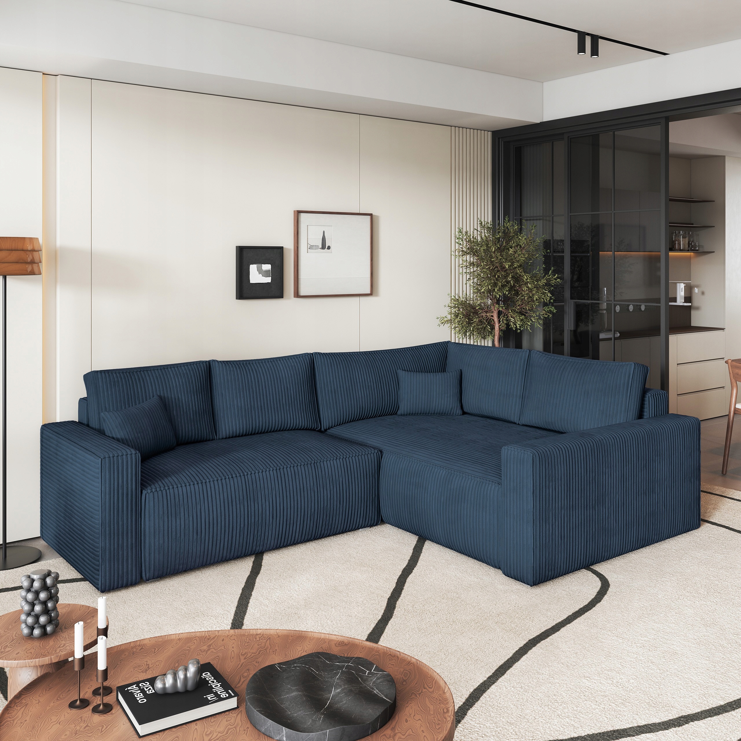 Rohová Sedací Souprava Eronis Funkce Spaní Moderní manšestr Modrá