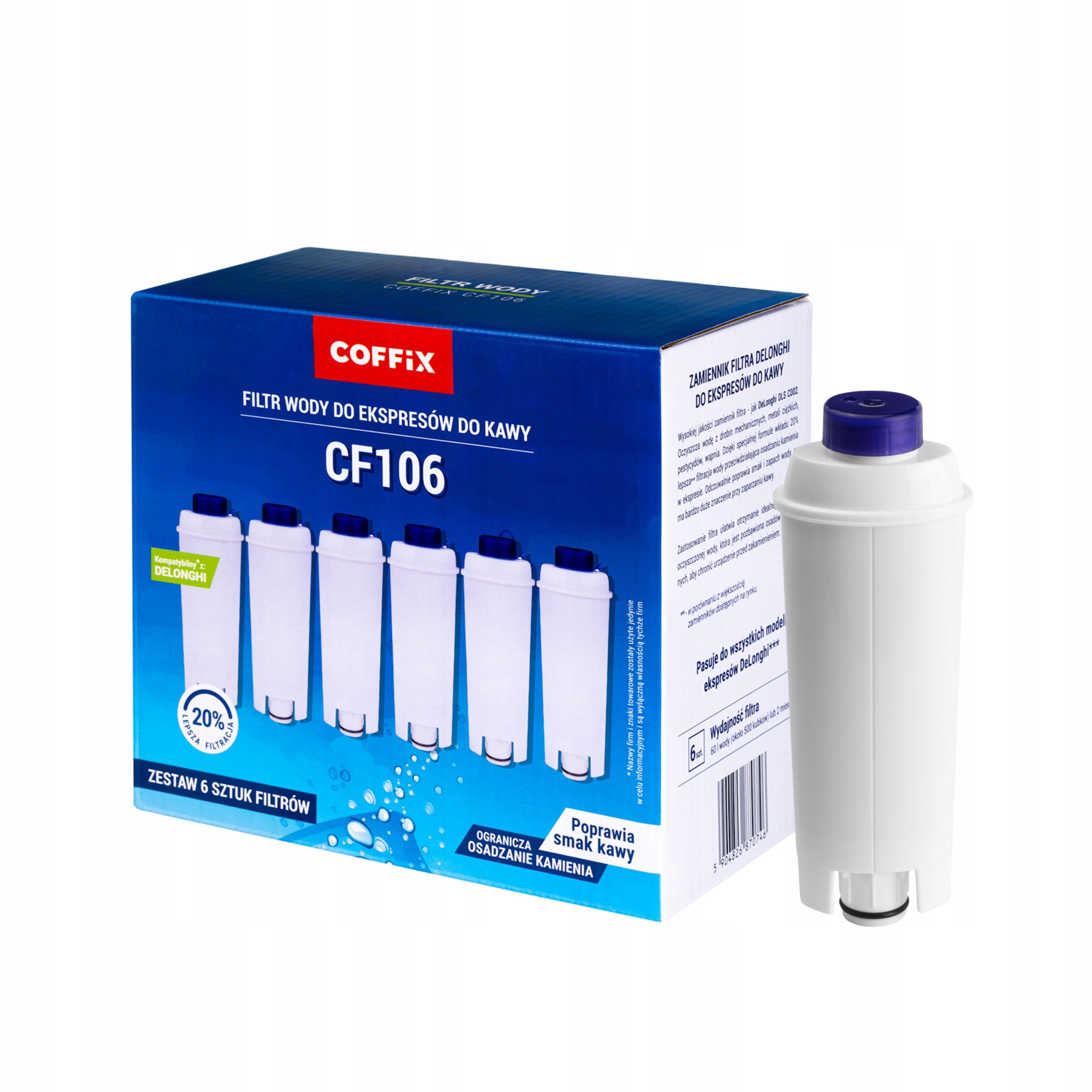 Sada 6 x Filtr do kávovaru DeLonghi, náhradní náplň do vody Coffix CF106