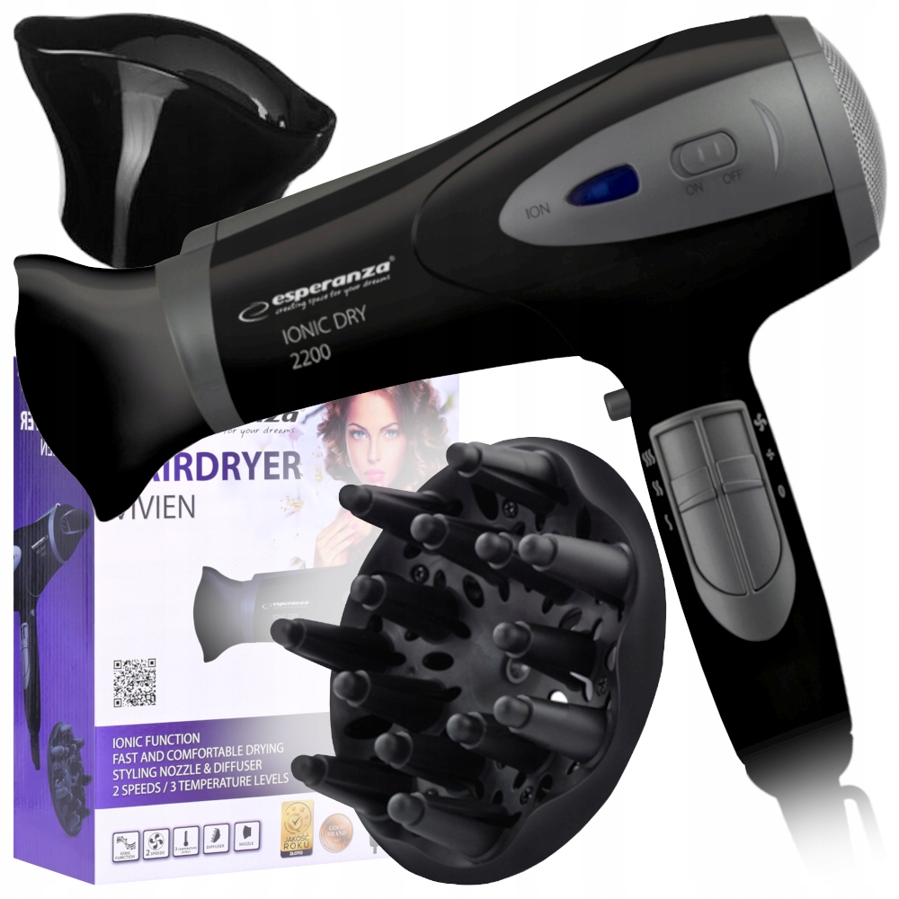 Vysoušeč Vlasů Esperanza Ionic Vivien 2200W Černý S Difuzérem