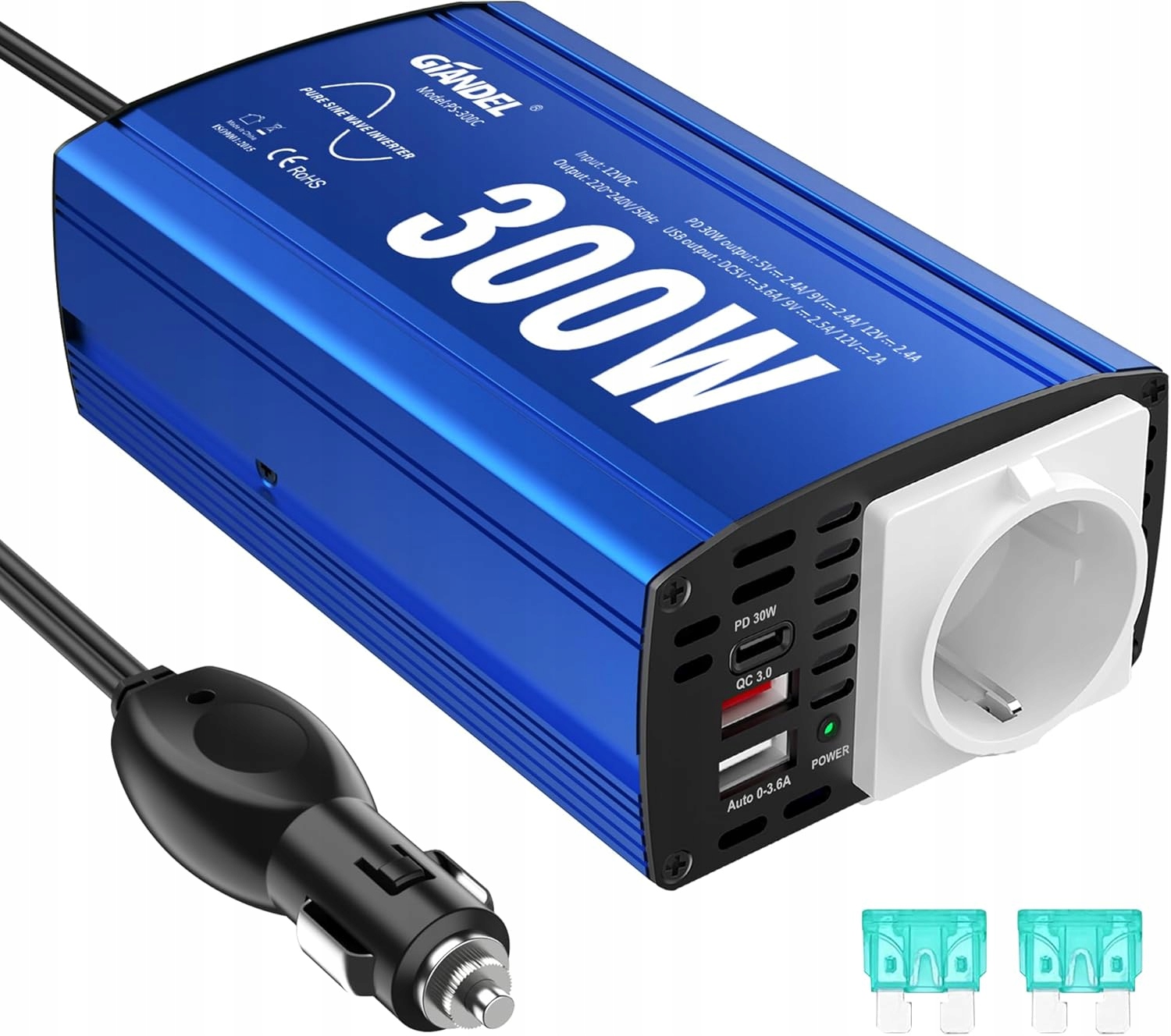 Konvertor sínusového napätia 300 W 12 V DC 230 V Ac s dvojitým Usb 4.8 A