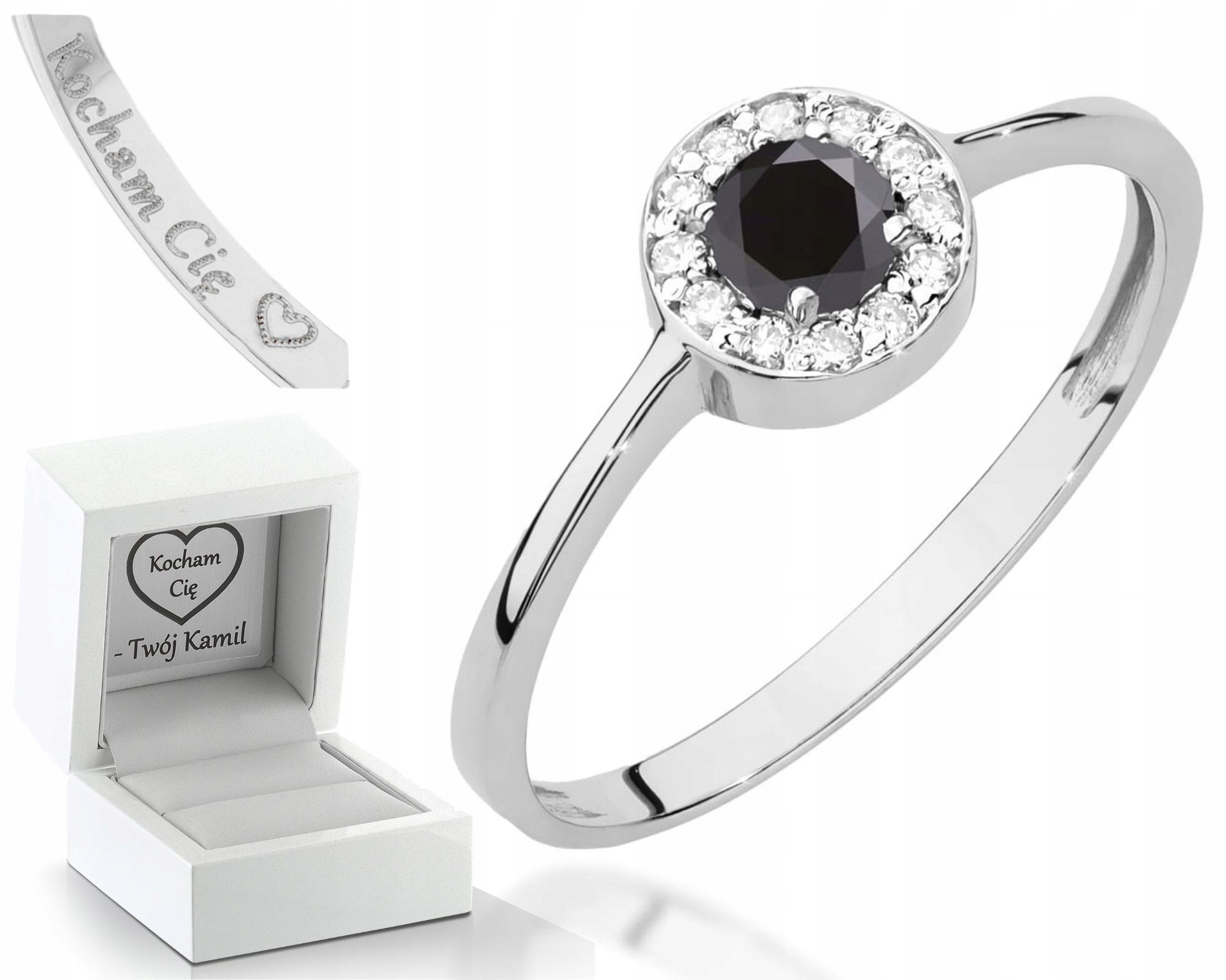 Bílý Zlatý Prsten S Černým Prstýnek Bílé Diamanty, Gravírování Ryzost 585