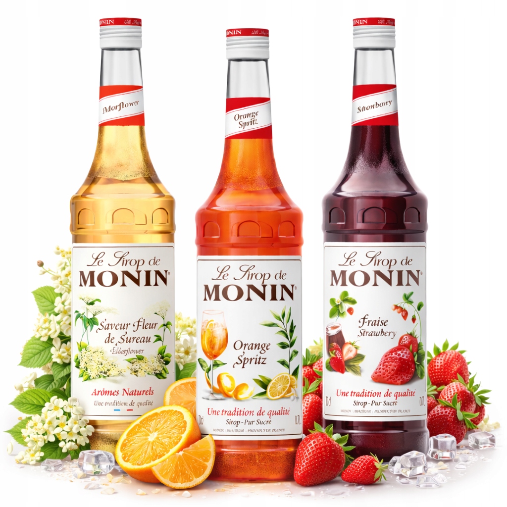 Monin Sirup Sada 3 příchutí 700 ml Orange Spritz aperol Květ bezu Jahoda