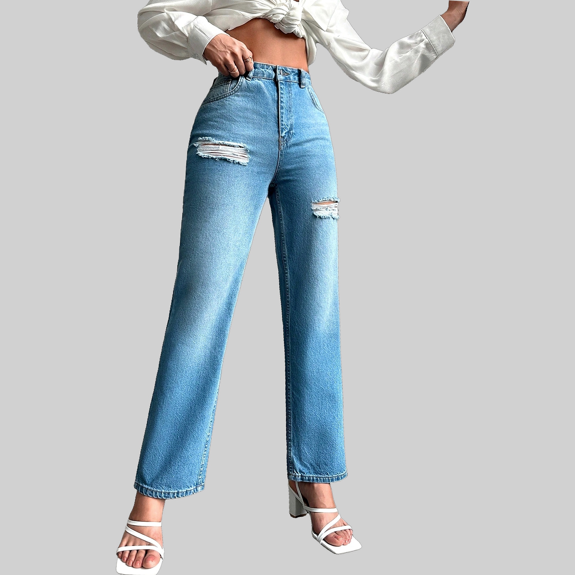 Džíny Rovné s oděrkami Regular Fit Modré Casual Shein 40