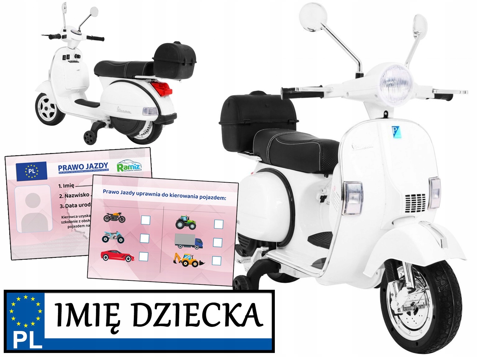 motorek dla dzieci Skuter Vespa piankowe koła dodatkowe kółka Rejestracja