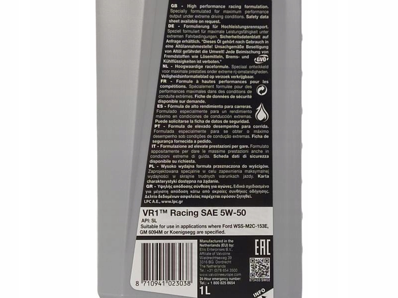 VALVOLINE VR1 RACING 5W50 SYNTHETIC API SL 10L Producent Valvoline
