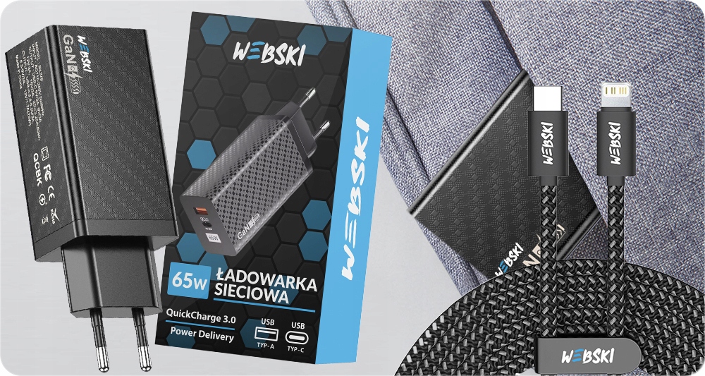 SZYBKI ZASILACZ USB/USB-C 65W KABEL 50CM DO IPHONE Marka Webski