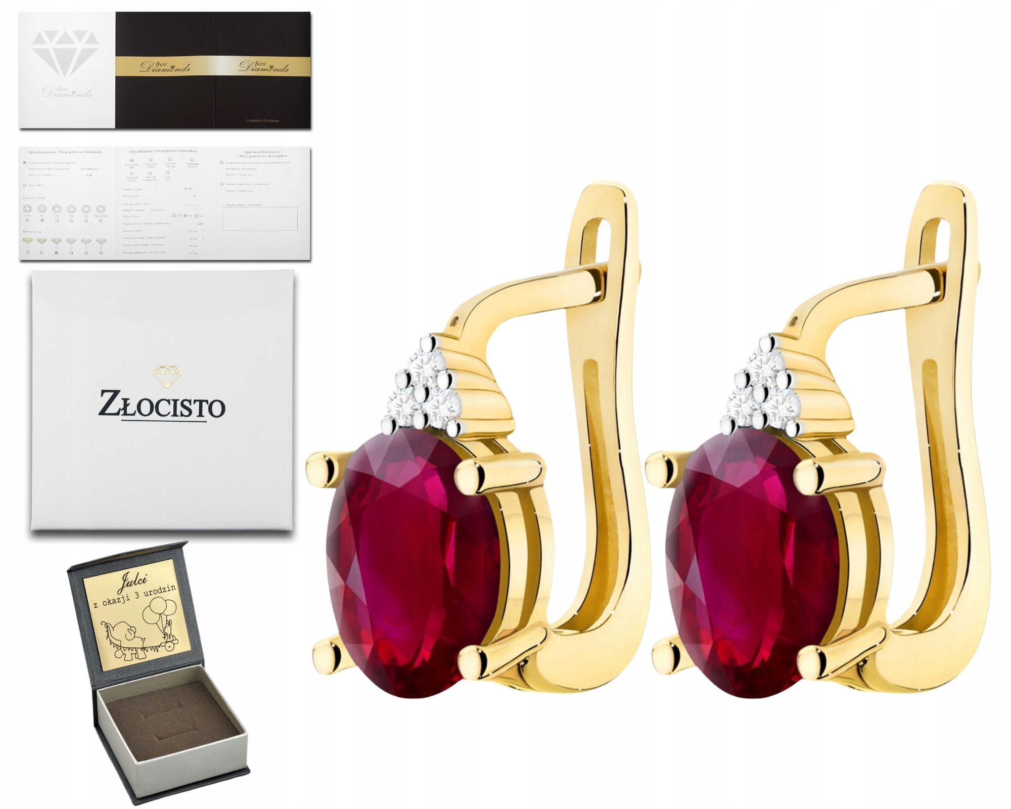 Zlaté Náušnice Přírodní Kámen Rubín Diamanty Zlato 585 14K Dárek