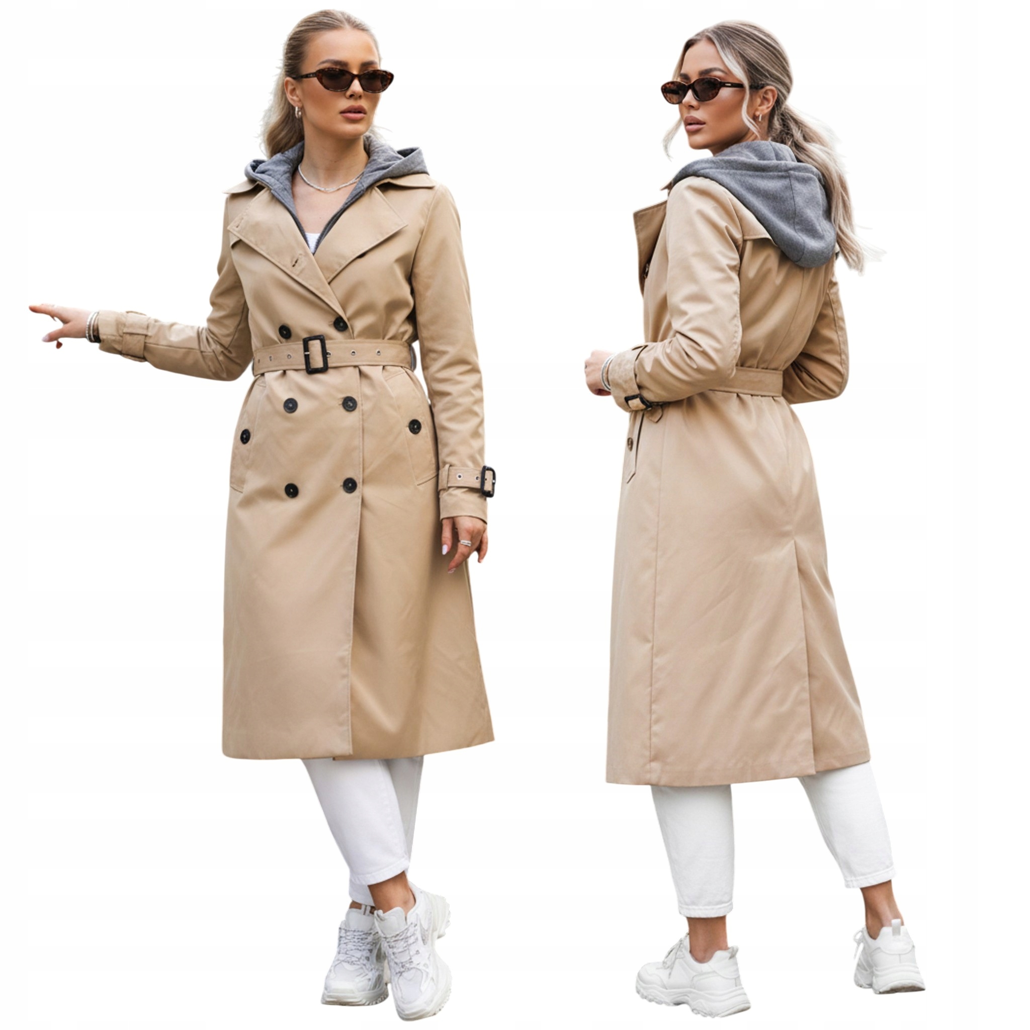 Trencz damski dwurzędowy z odpinanym kapturem kamelowy TY5656 M