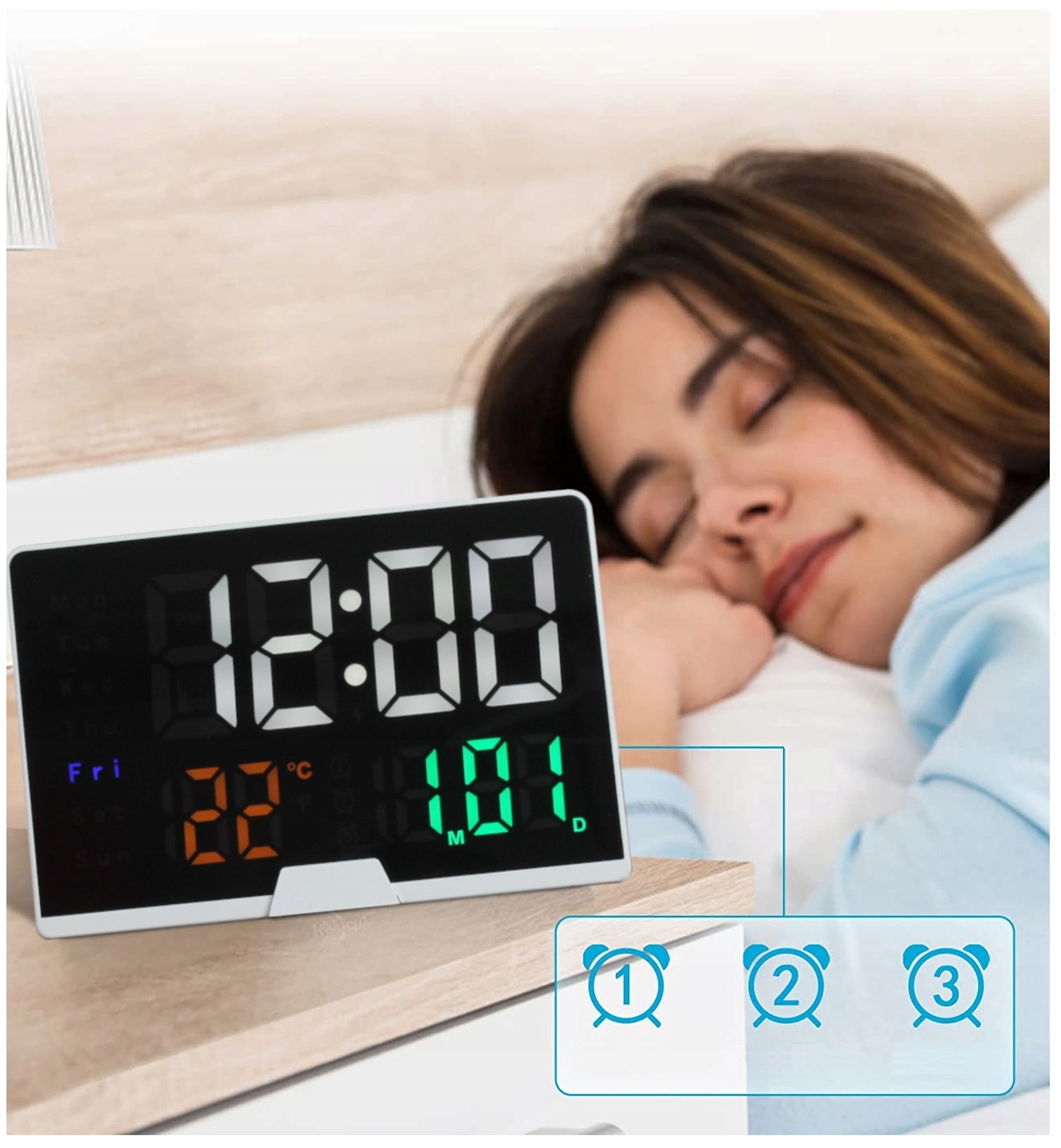 ZEGAR ELEKTRONICZNY Stojący LED Budzik Cyfrowy Data USB do Sypialni Salonu Kod producenta BIAŁY ZEGAREK KOLOROWY WYŚWIETLACZ LED