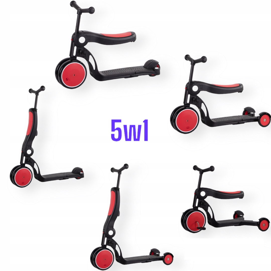 Dziecięca hulajnoga trójkołowa skrętna 5w1 jeździk czerwona +Kij pchacz