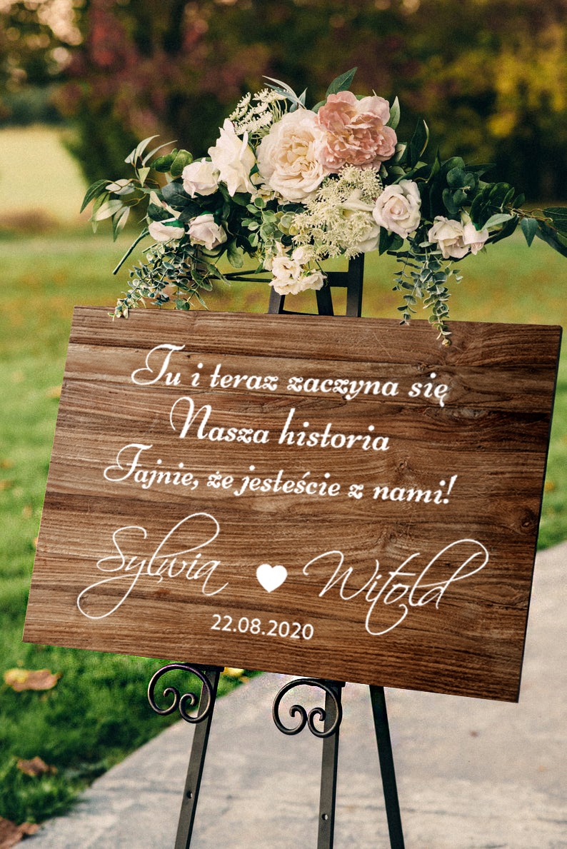 DREWNIANA RUSTYKALNA TABLICA POWITALNA 50x70 Z CYTATEM WESELE ŚLUB Kształt prostokątny