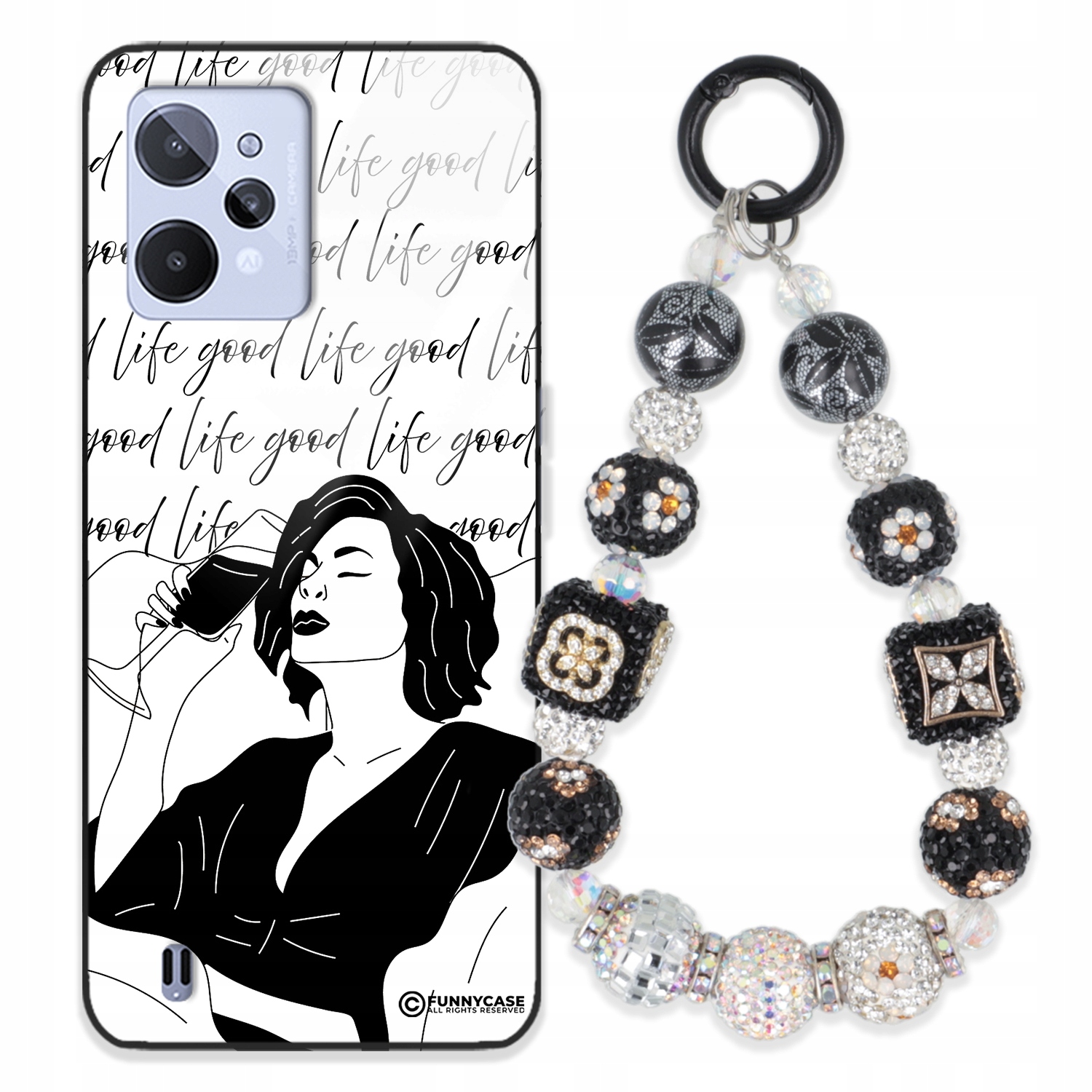 Puzdro Pre Realme C31 Glass Ženské Čierno-biele Kľúčenka, Strieborný Zirkón