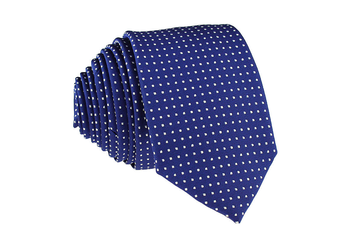 KRAWAT MĘSKI WĄSKI ŚLEDŹ GRANATOWY W BIAŁE KROPKI