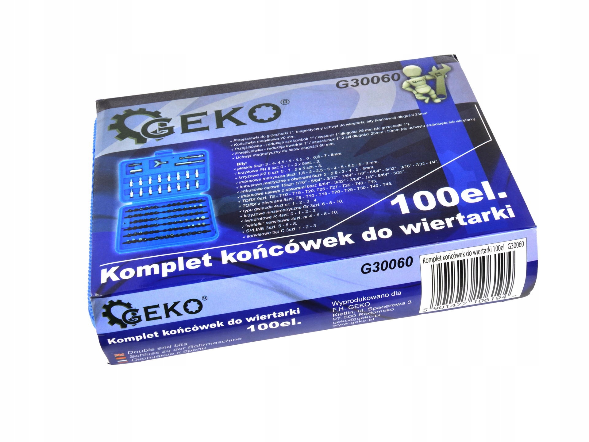 ZESTAW KOŃCÓWEK BITÓW DO WKRĘTARKI 100 SZTUK GEKO Typ grotu HEX płaski Philips Torq-Set Torx Torx Plus Torx TR imbus sześciokątny zewnętrzny Tri-Wing Spanner SPLINE