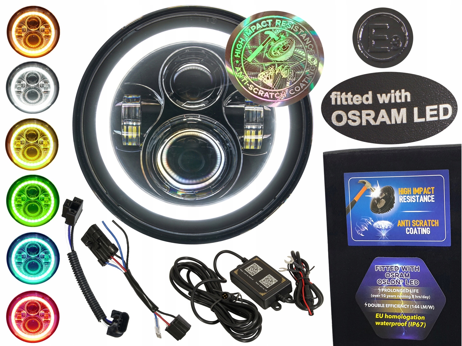 Lampa 7 palcov E Led Osram 144 lm/W s Drl Anti-Scratch pre Harley App Hudba