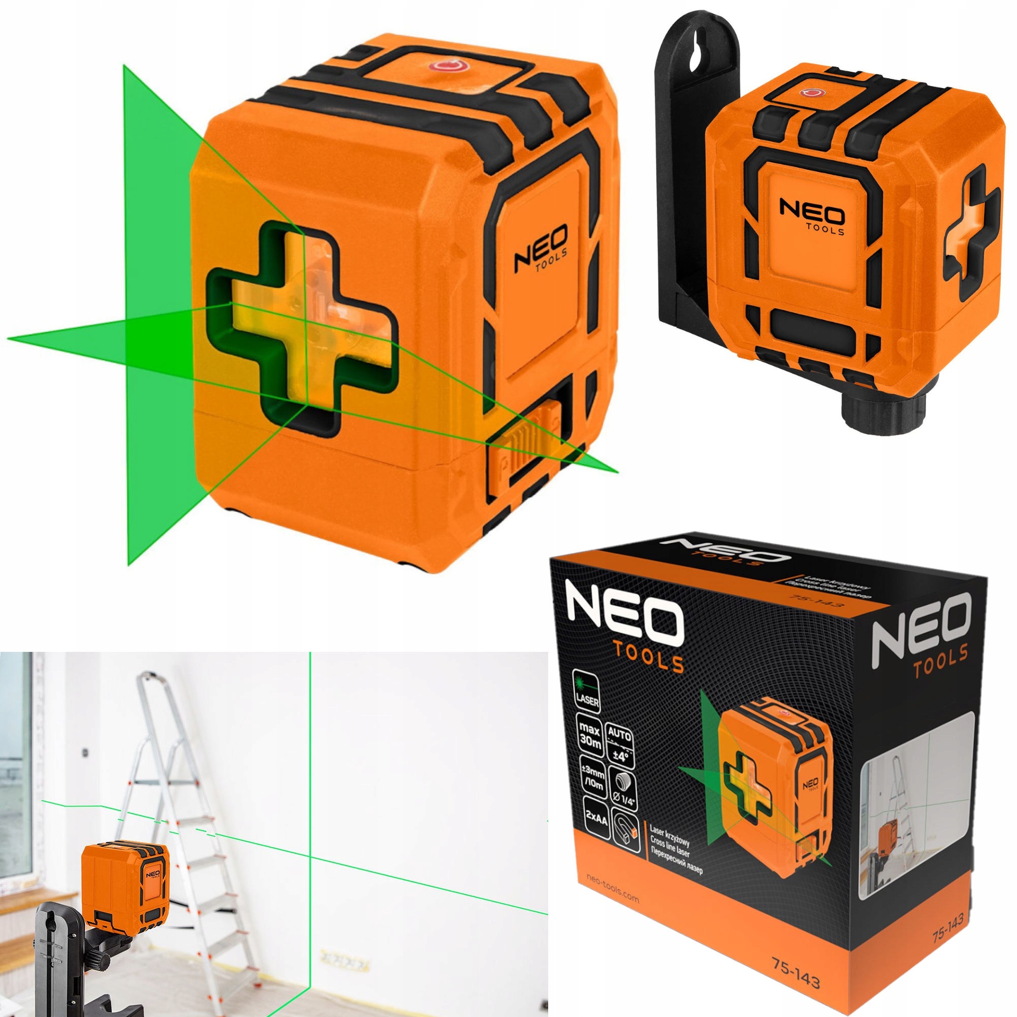 Křížový laser 30 m Laserová vodováha Silný zelený přesný paprsek Neo