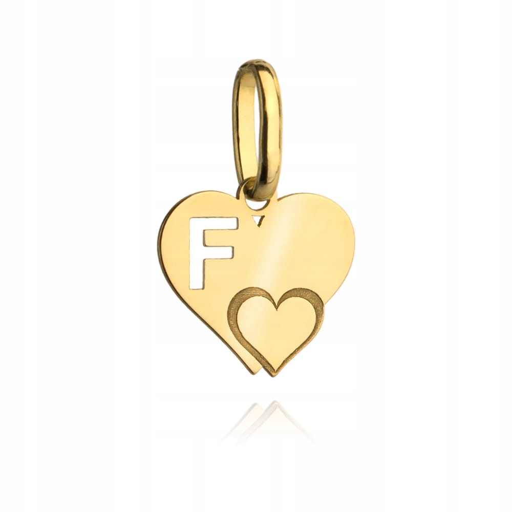 Zlatý přívěsek 585, vyřezané písmeno F na srdci, 0.32 g, plechová destička celebrity