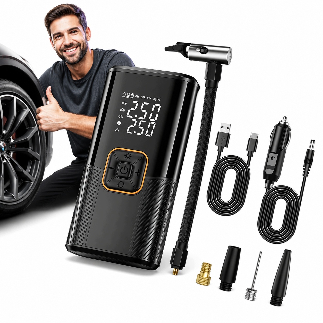 Pompa rowerowa, kompresor samochodowy, bezprzewodowy powerbank 9000 mAh