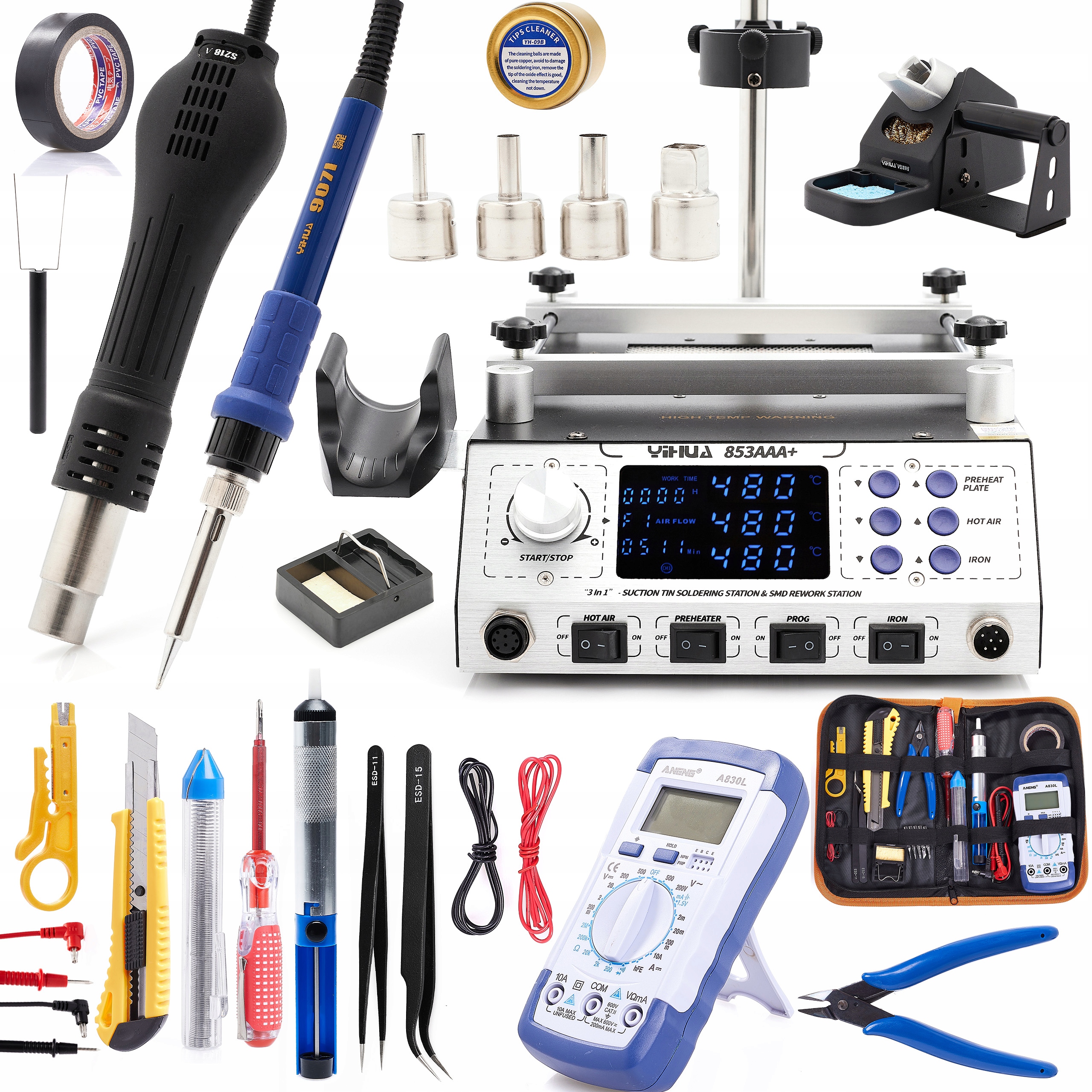 Pájecí Stanice 3V1 Yihua 853AAA 1270W Ohřívač Sada 20 Doplňků