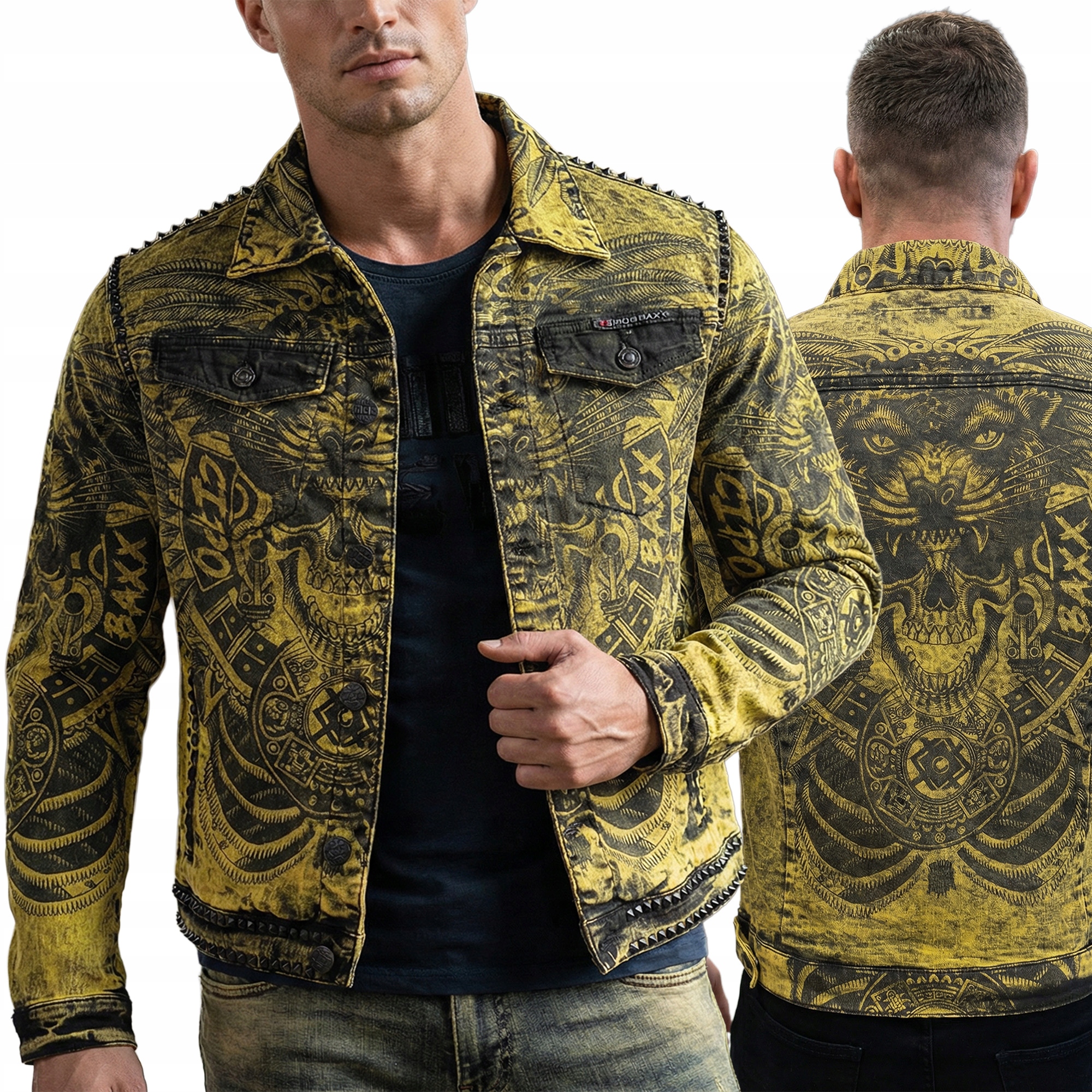 Bunda Cipo Baxx Džínová Katana Přetíratelná Cvočky Potisky Slim