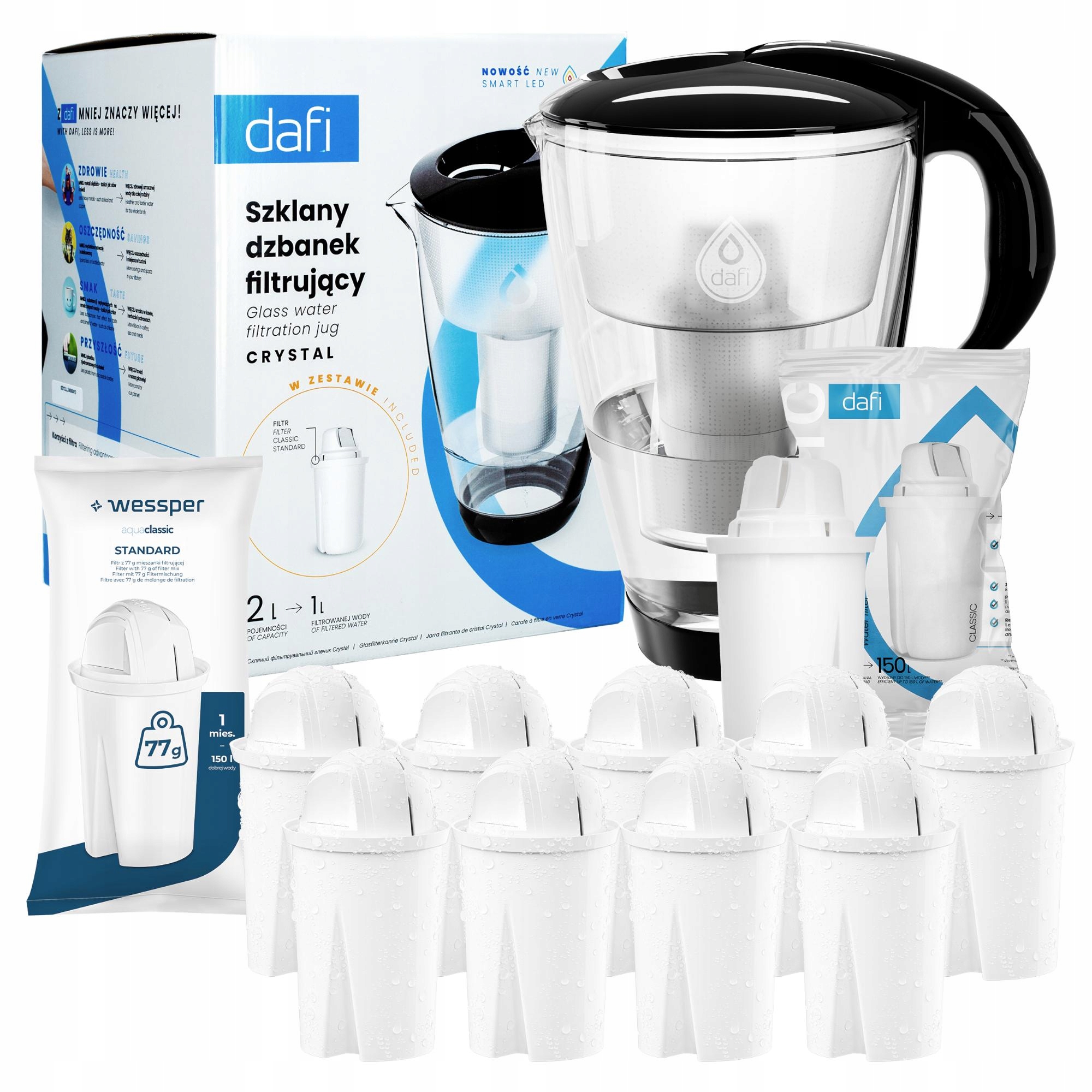 Skleněná filtrační konvice Dafi Crystal 2 l černá 9x náhrada Wessper