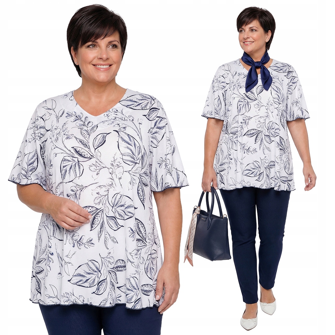 Bílá halenka s modrými listy plus size velikost 52/54