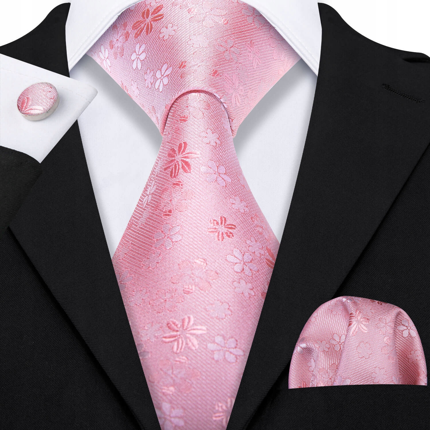 Hedvábný Žakárový set Kravata Sponky Kapesníček Pudrová Růžová Kvítky